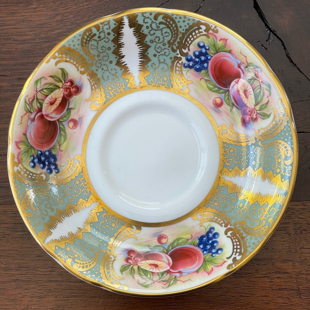 Paragon Orchard Fruit pattern green and gold bone china tea saucer